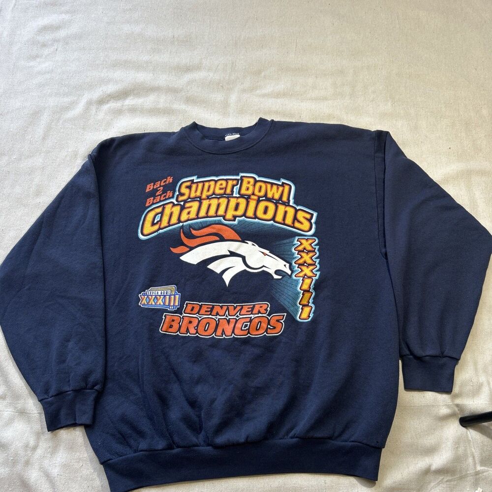Vintage NFL Denver Broncos Super Bowl XXXII Navy Blue Sweatshirt Sz L Vtg
